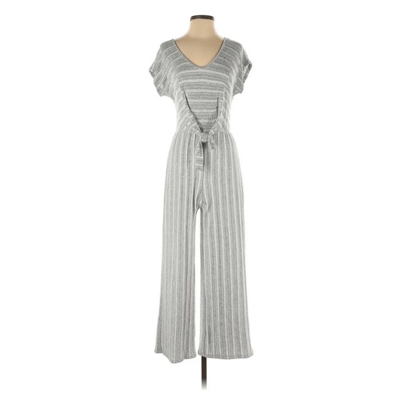 Caution To The Wind Sz L Jumpsuit Gray White Striped V Neck Stretch Soft - Picture 1 of 8
